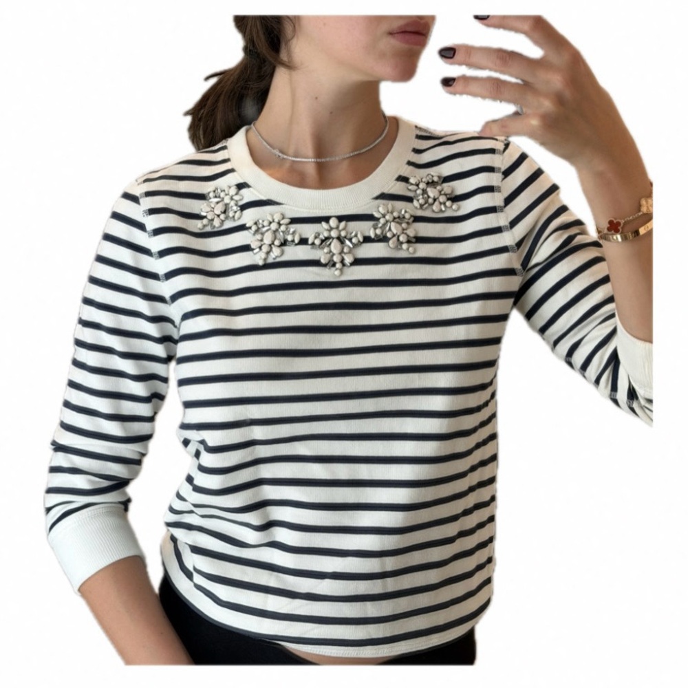 J. Crew Navy and White Striped Embellished Long Sleeve Top